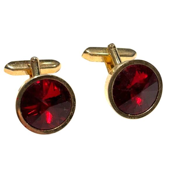 Vintage Mid Century Gold Cufflinks Red Tivoli Style Stones Signed West Germany - Picture 1 of 8